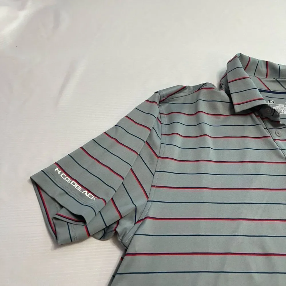 Under Armour Loose Heat Gear Grey Red Blue Stripe Short Sleeve Polo Shirt Size L